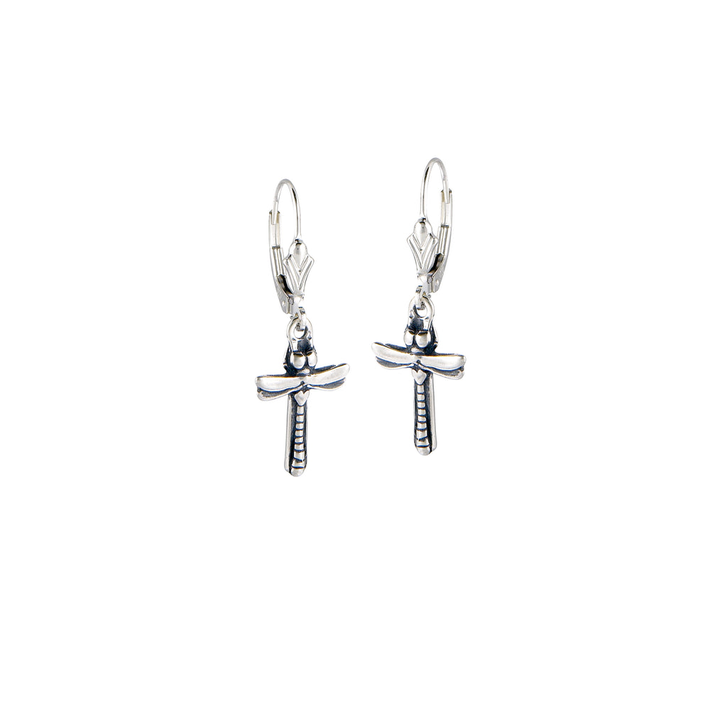 Petite dragonfly cross earrings in sterling silver