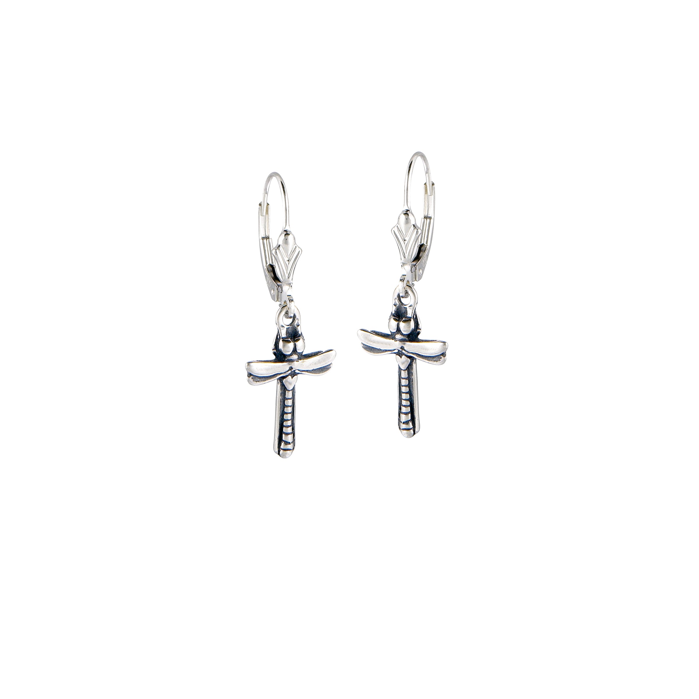 Petite dragonfly cross earrings in sterling silver