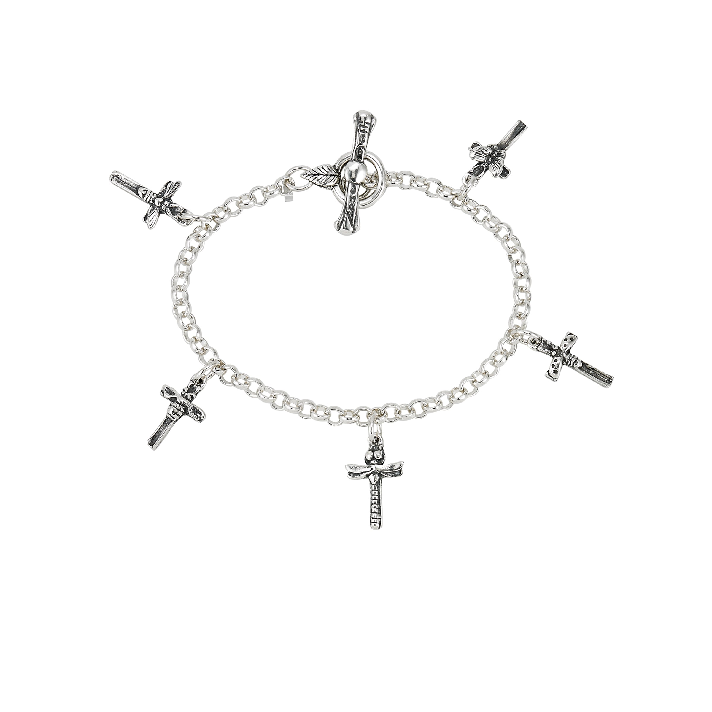 petite sterling silver insect cross charm bracelet with bumblebee butterfly dragonfly and cross charms on white background