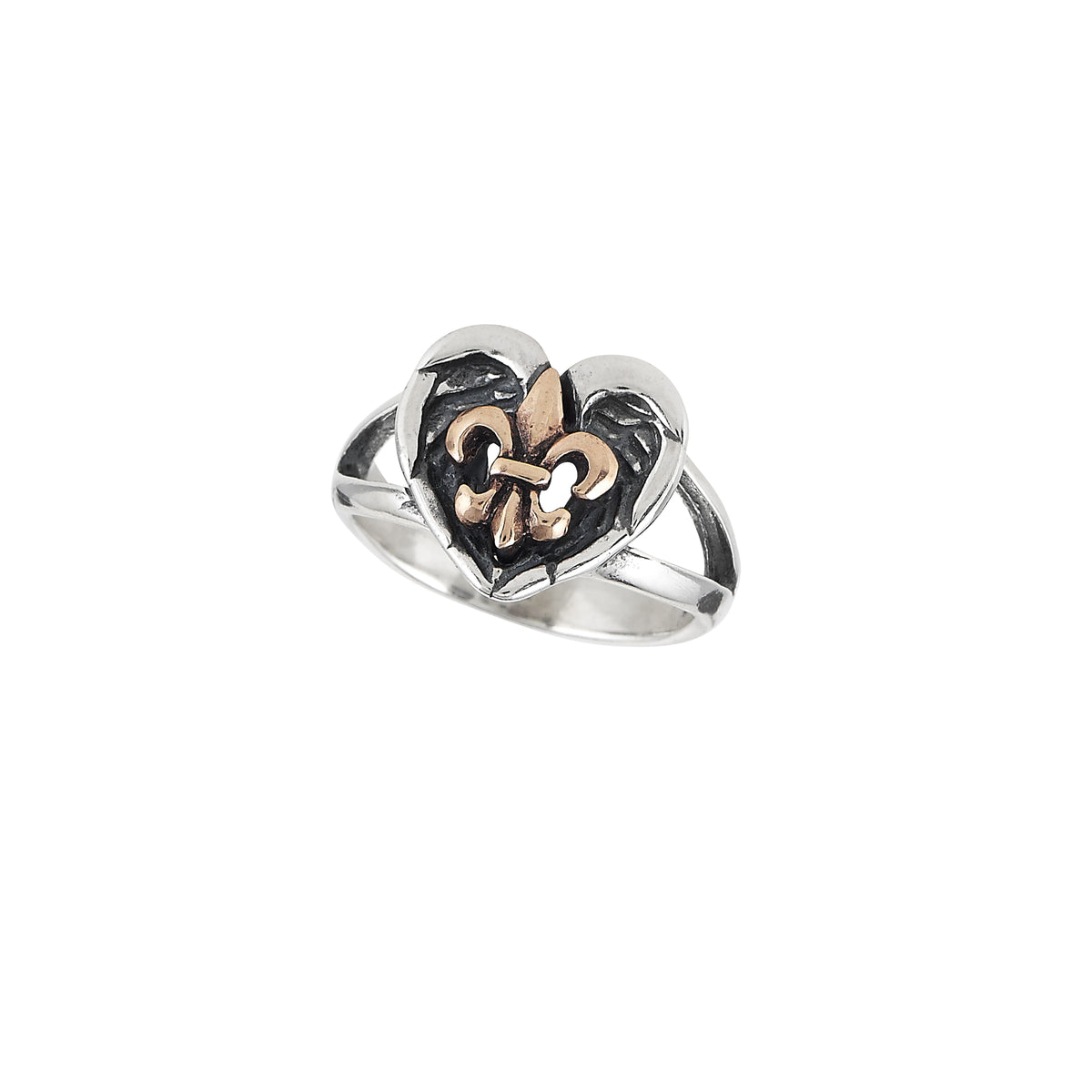 Saints & Angels two-tone sterling silver heart ring featuring angel wings framing a bronze fleur-de-lis.