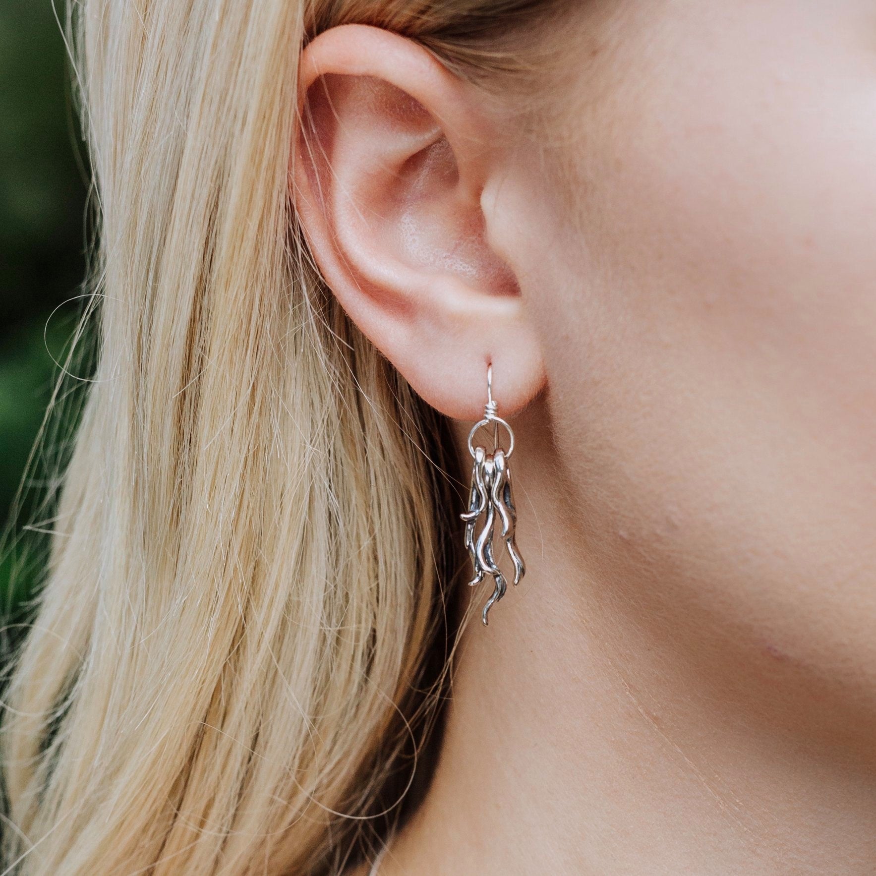 spanish moss earrings worn showing movement and detail