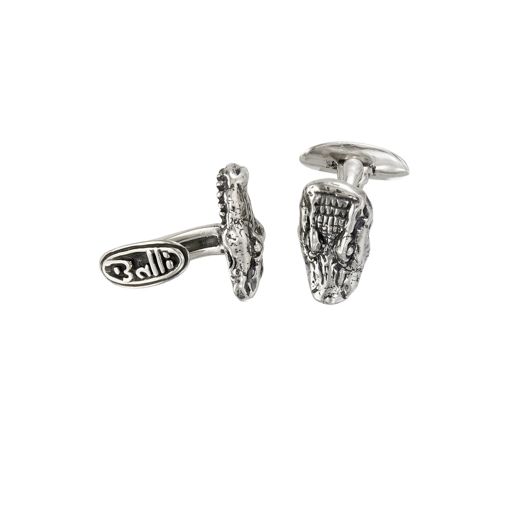 Handcrafted sterling silver alligator cufflinks inspired by Louisiana bayous.