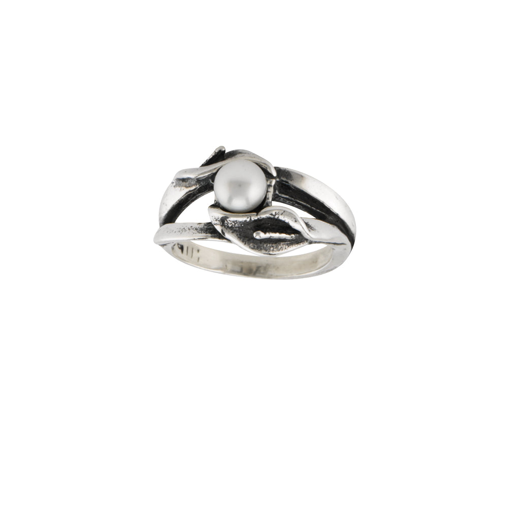 Sterling silver calla lily double pearl ring with freshwater pearls