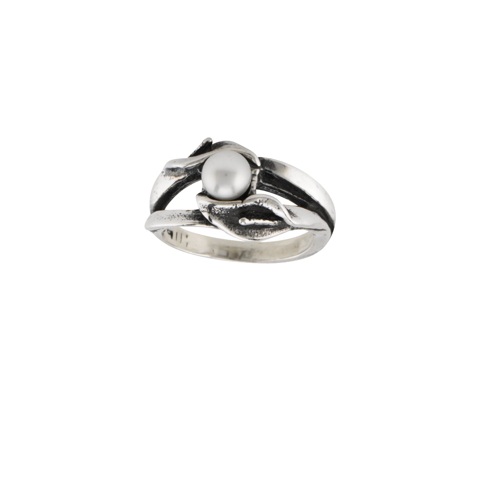 Sterling silver calla lily double pearl ring with freshwater pearls