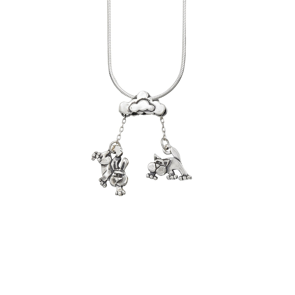 Sterling silver raining cats and dogs pendant with cat and dog dangling from cloud