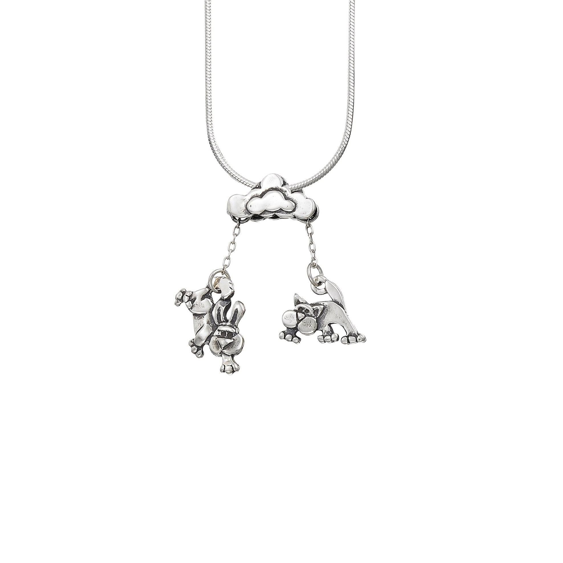 Sterling silver raining cats and dogs pendant with cat and dog dangling from cloud